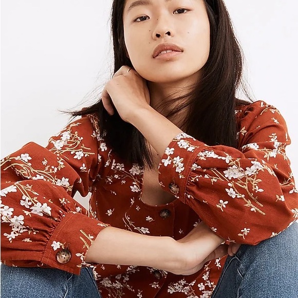 Madewell Corduroy Shirred-Sleeve Button-Front Top in Farmstand Bouquet - Picture 4 of 5